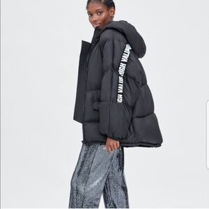 Zara Black Puffer Jacket with White Text